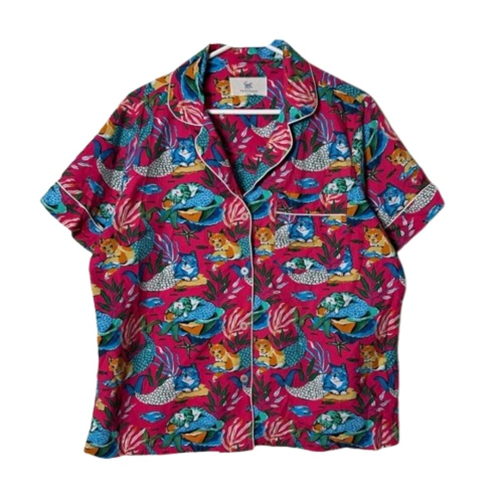 Print Fresh pajama shirt top button meowing mermaids short sleeve cotton M